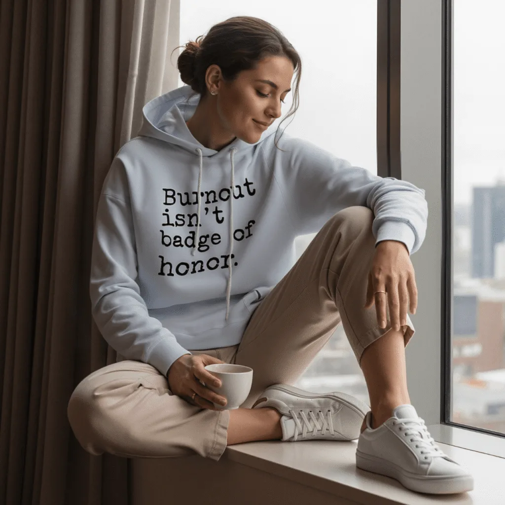 Burnout Isn’t a Badge of Honor Hoodie 1 – Normalize Rest, Not Exhaustion | Anti-Hustle Clothing